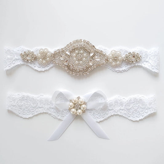 White Lace Rhinestone Wedding Garter Set, Bridal Toss Set
