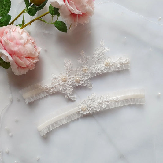 White Lace Wedding Garter Set, Embroidered with Pearls