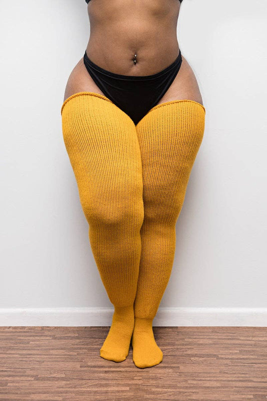 Plus Size Thigh High Socks - Mustard Yellow